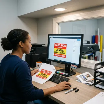 Designer reviewing a custom yard sign proof