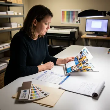 Print specialist reviewing brochure proofs