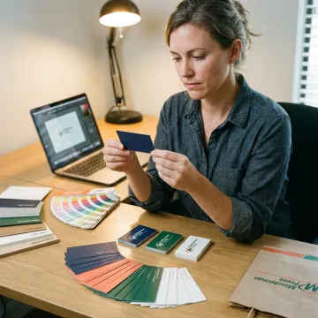 Designer reviewing custom business card proofs