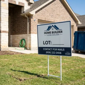 Custom home builder yard sign in front of a new house
