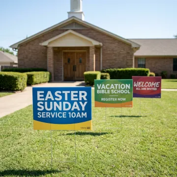 Outdoor church yard signs on a lawn