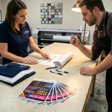 Designer reviewing branded promotional items before production