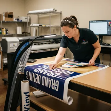 Designer reviewing grand opening banner artwork