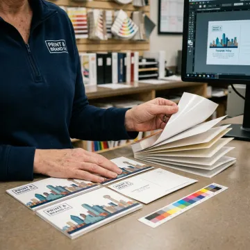 Designer preparing thank you postcard proofs