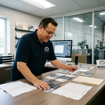 Designer preparing direct mail postcards