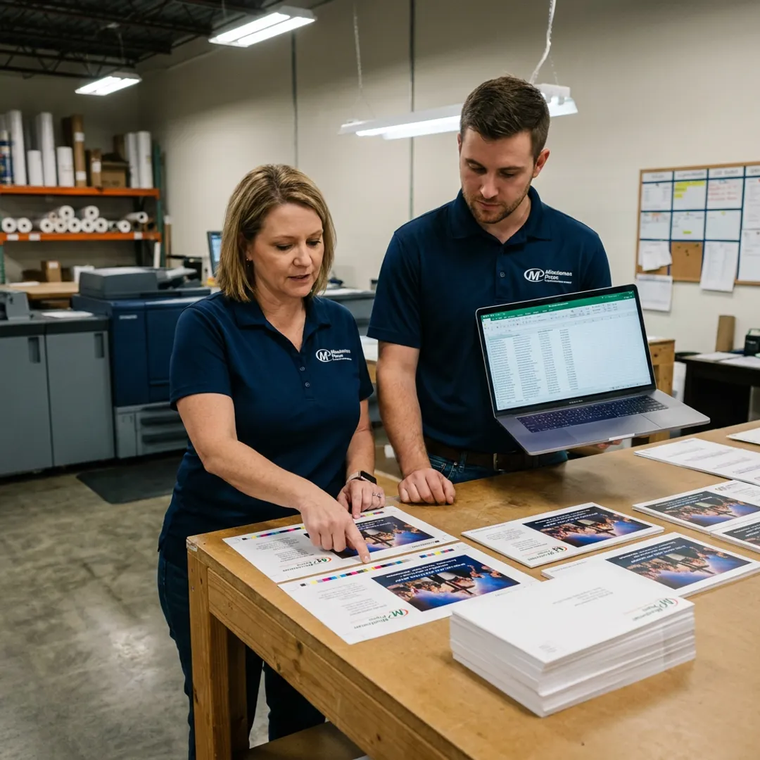 Printing team preparing church direct mail postcards
