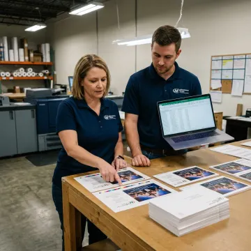 Printing team preparing church direct mail postcards