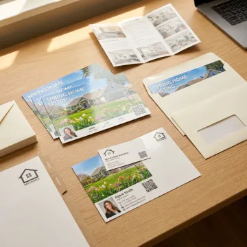 Spring real estate postcards on a desk