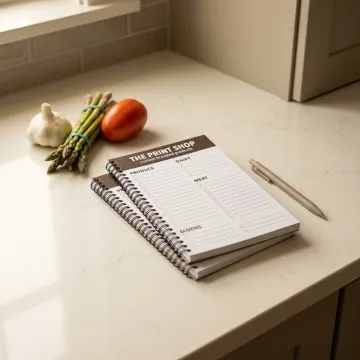Personalized grocery list notepads on a kitchen counter