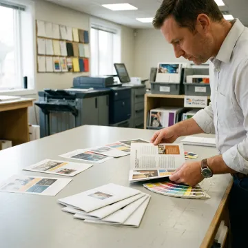 Print shop team reviewing booklet proofs