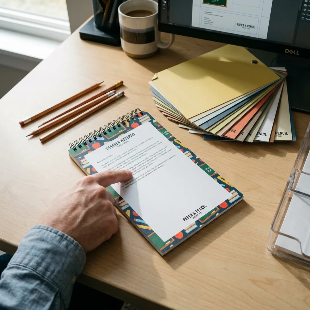 Designer reviewing a teacher notepad proof