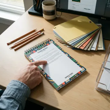 Designer reviewing a teacher notepad proof