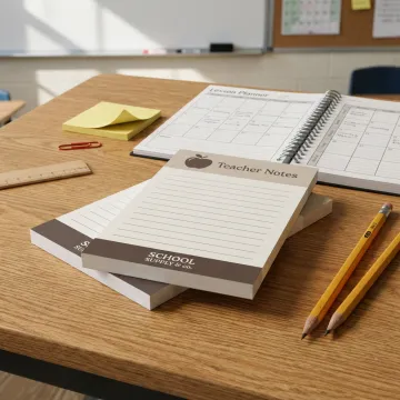Custom teacher notepads on a classroom desk