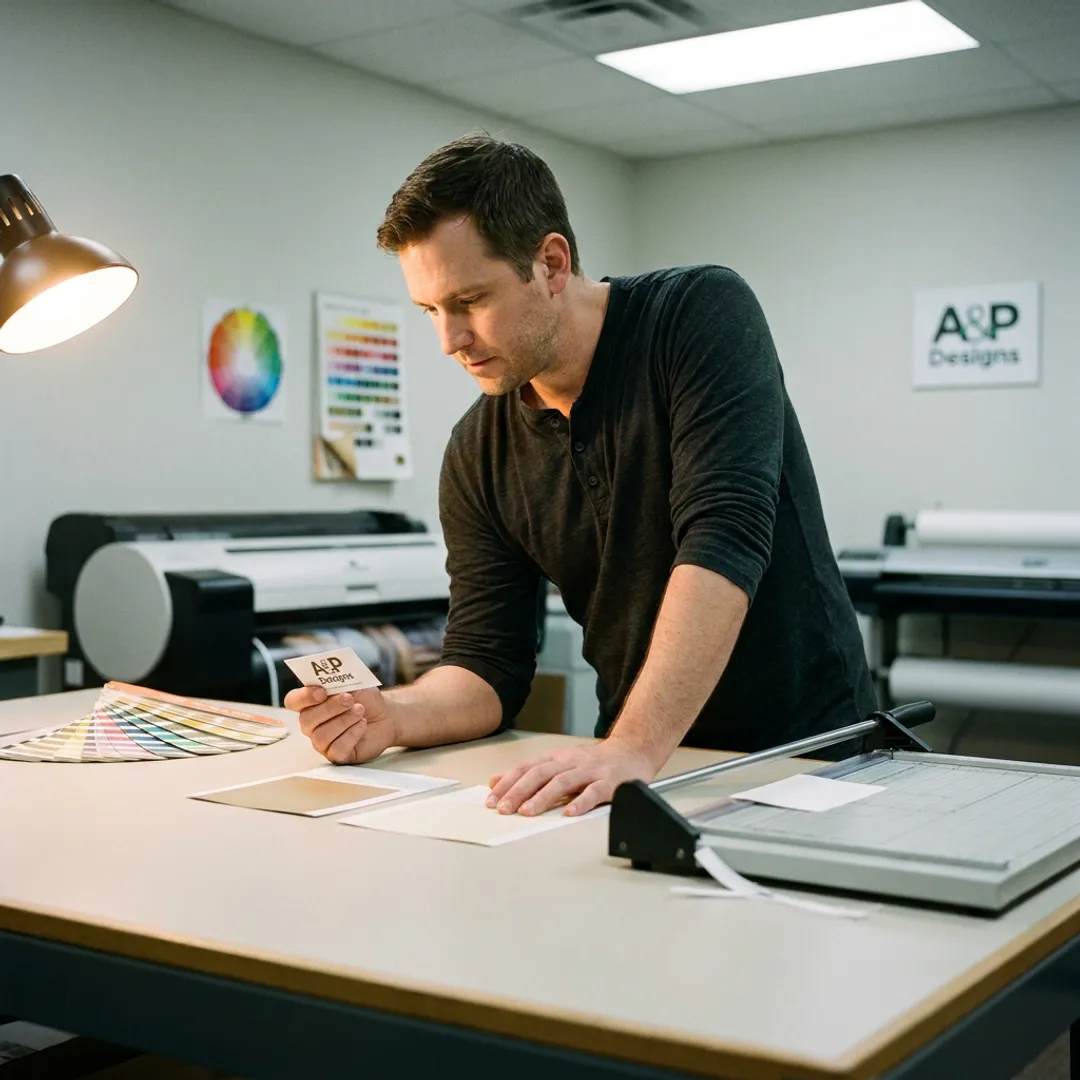 Designer reviewing custom business card proofs