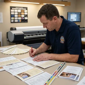 Print shop team reviewing church bulletin proofs
