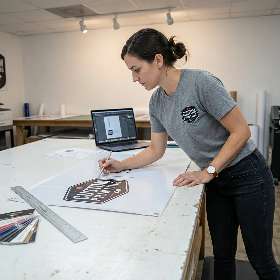 Designer reviewing step and repeat banner proof