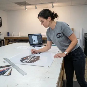 Designer reviewing step and repeat banner proof