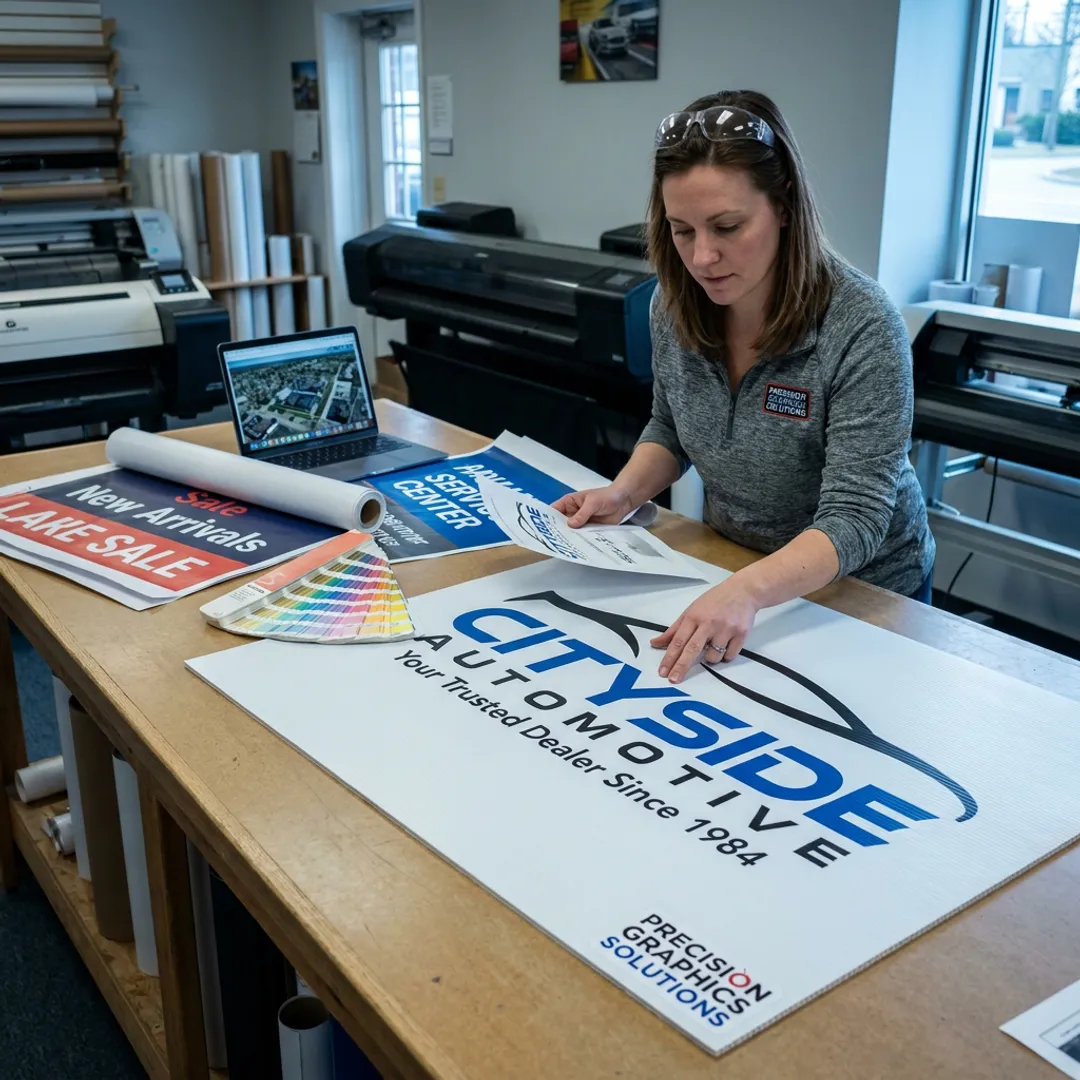 Designer reviewing dealership sign proofs
