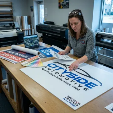 Designer reviewing dealership sign proofs