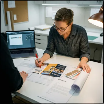 Designer reviewing construction brochure proof