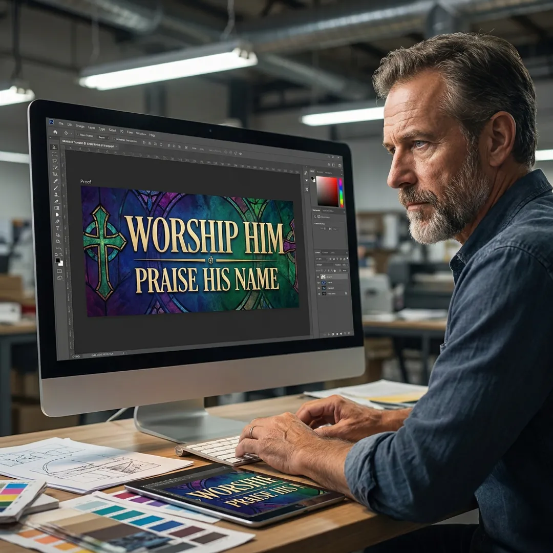 Designer reviewing a church banner proof before printing