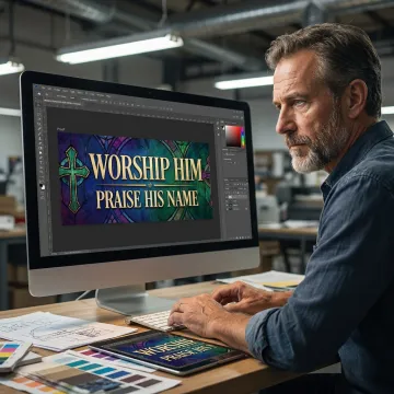 Designer reviewing a church banner proof before printing