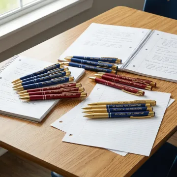 Personalized teacher pen sets arranged on a classroom desk