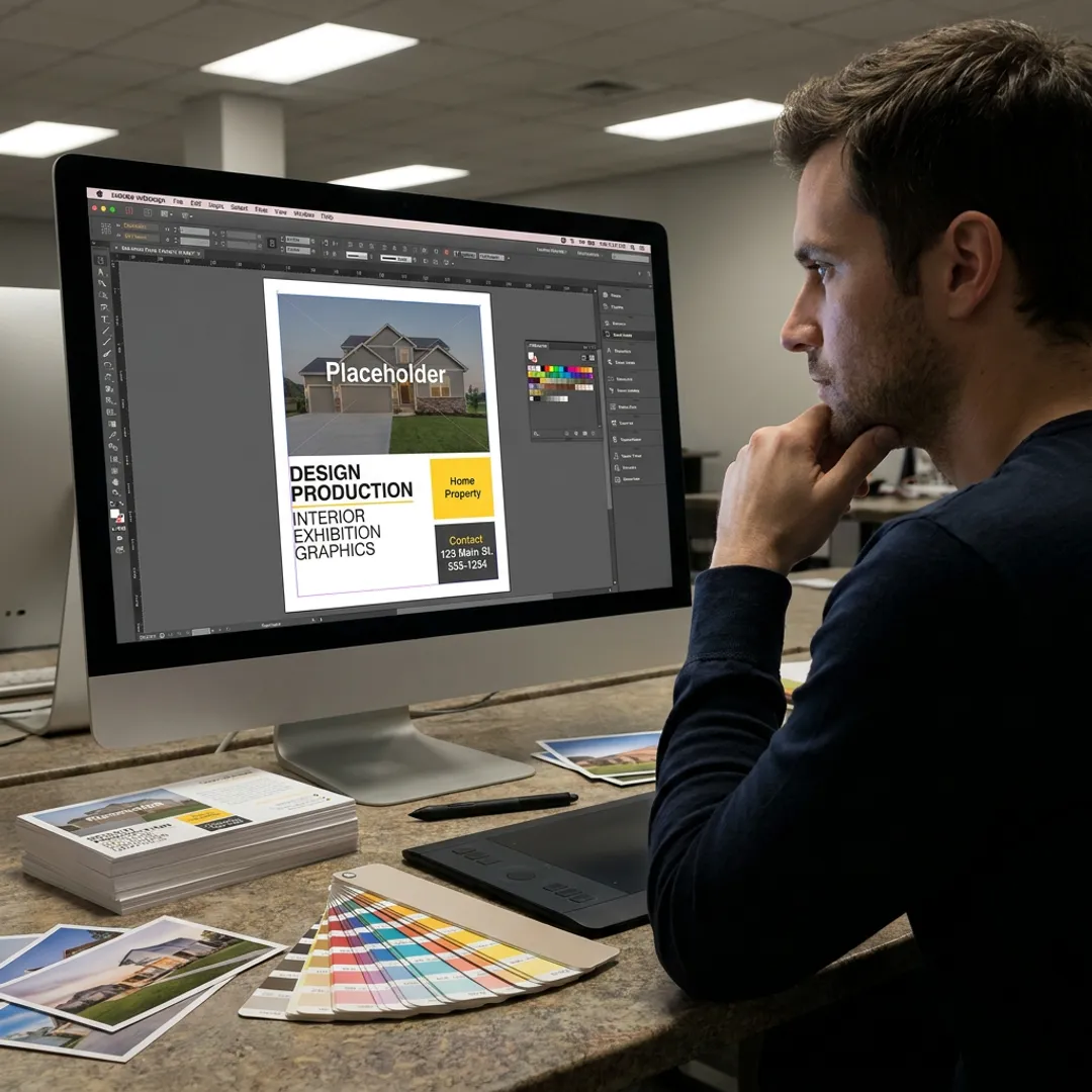 Designer preparing real estate flyer for print