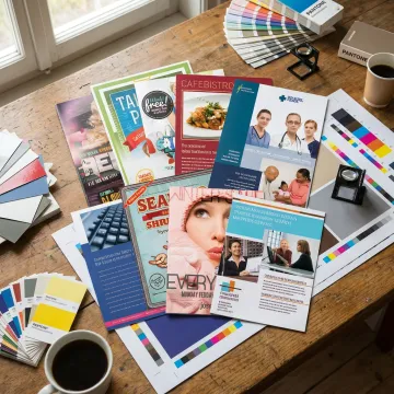 Custom printed brochures on a design desk