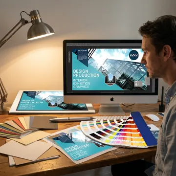 Designer preparing grand opening flyer artwork