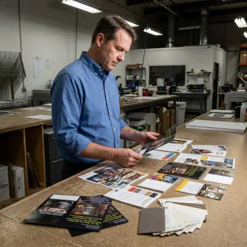 Designer reviewing flyer proofs beside printed marketing samples