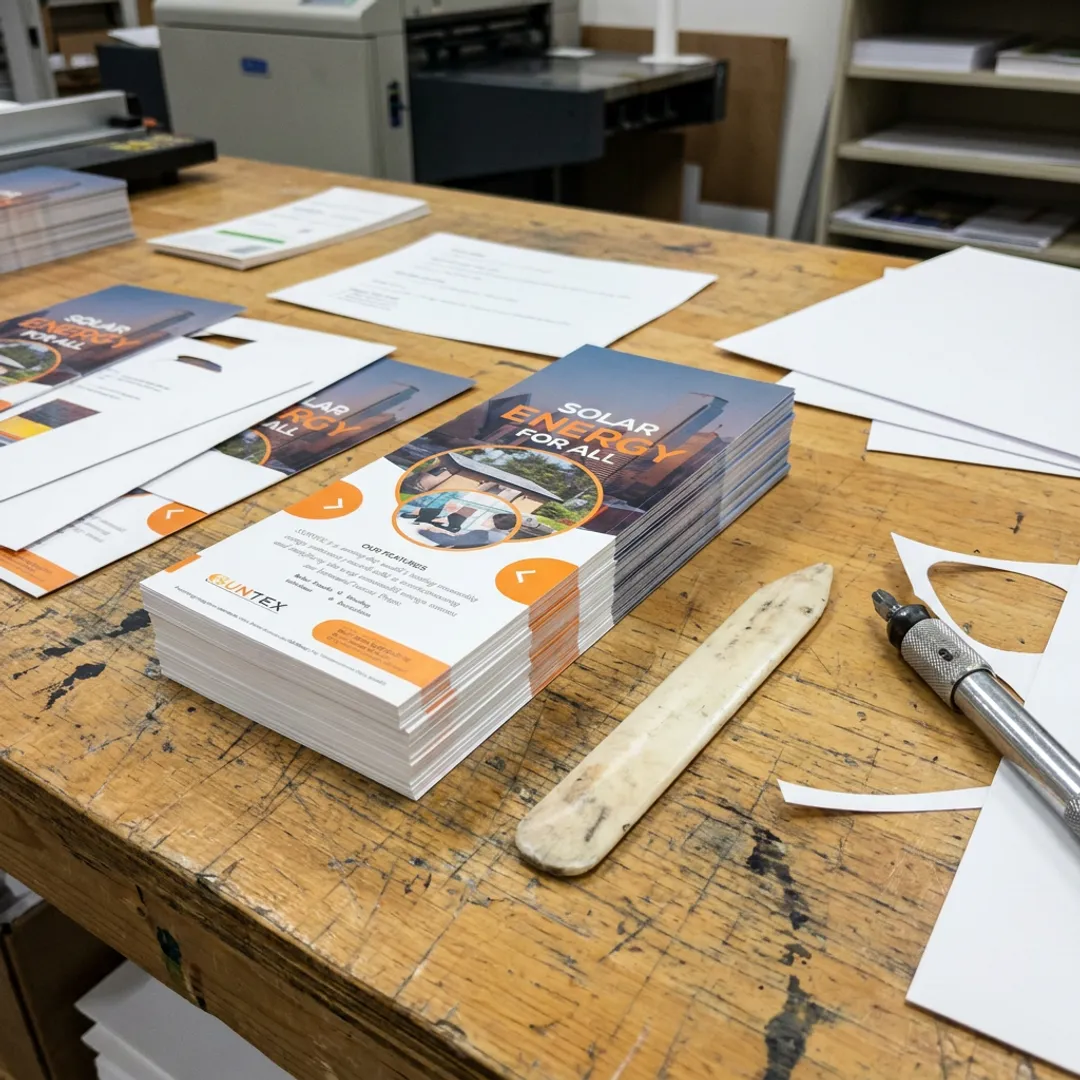 Printed rack cards on a pressroom table