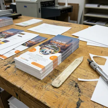 Printed rack cards on a pressroom table