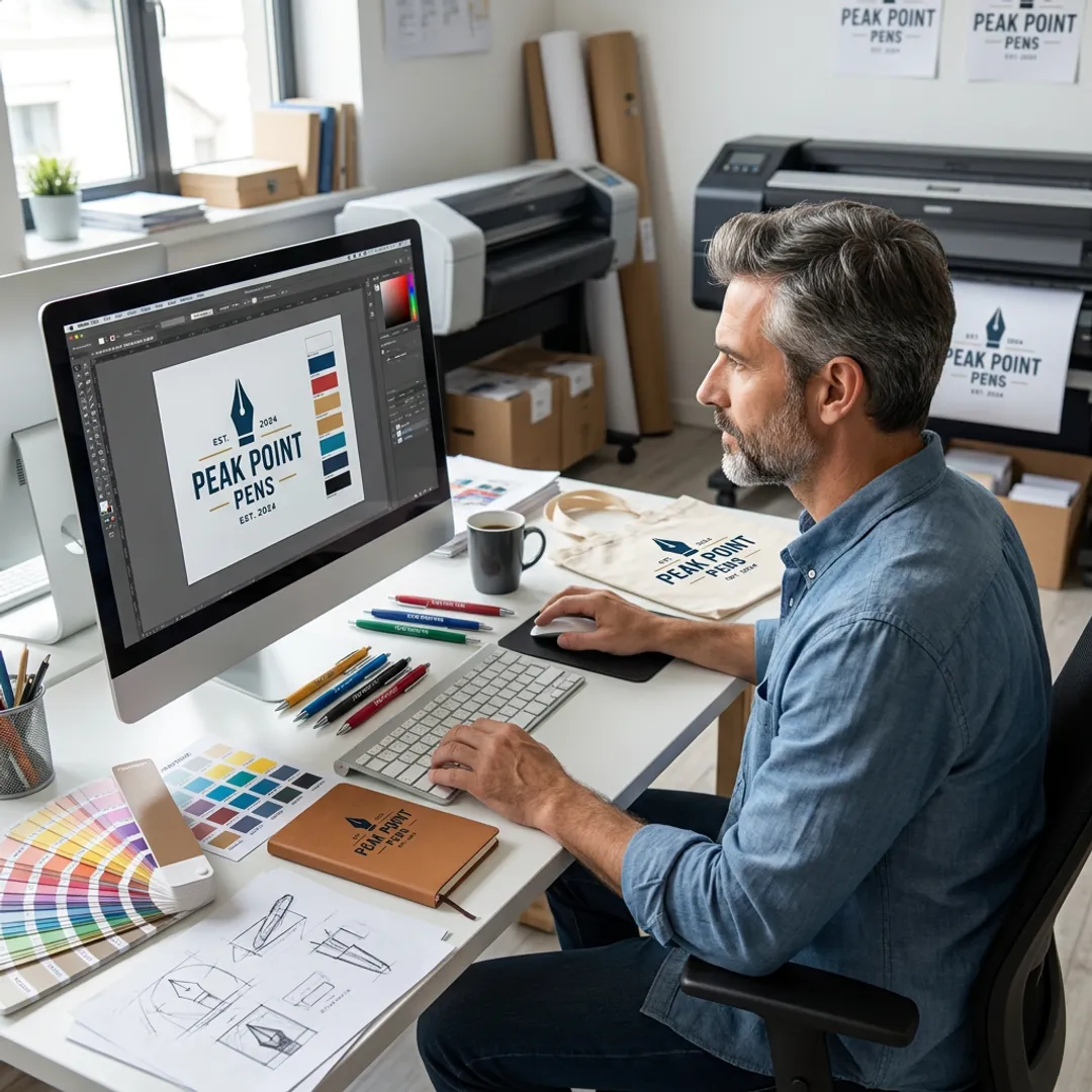 Designer reviewing custom pen proof on computer