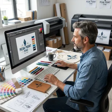 Designer reviewing custom pen proof on computer