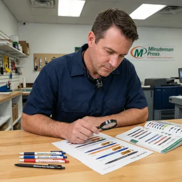 Designer reviewing custom pen logo proof