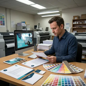 Designer reviewing branded stationery proofs