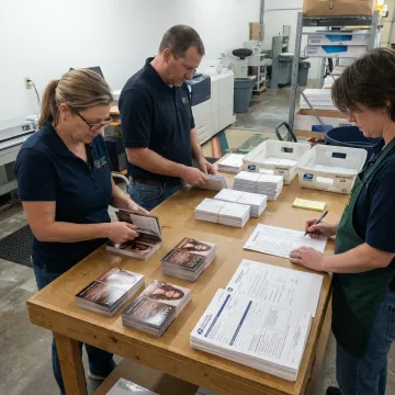 Preparing salon postcards for mailing