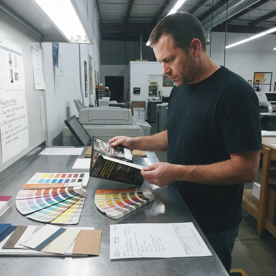 Printer reviewing nonprofit brochure proofs
