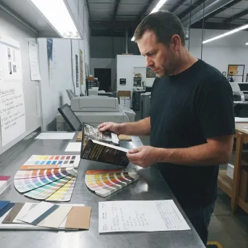 Printer reviewing nonprofit brochure proofs