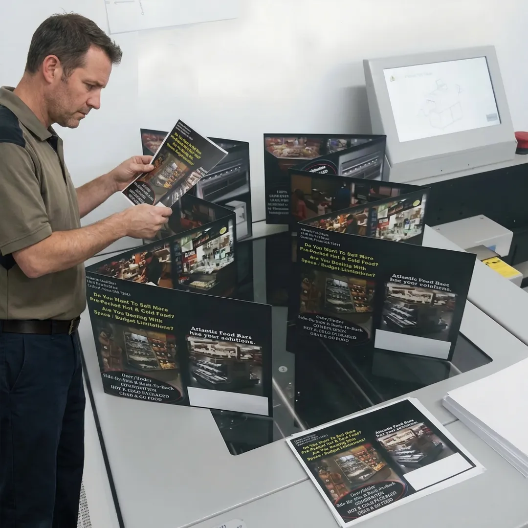 Printer operator reviewing flyer proofs