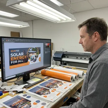 Print specialist reviewing banner artwork