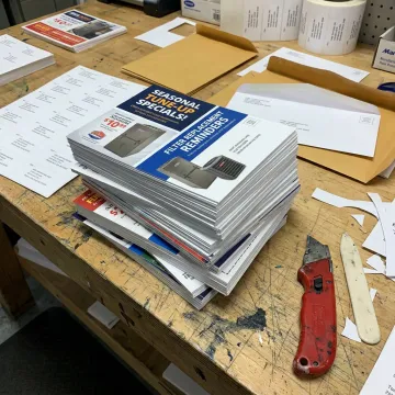 HVAC direct mail postcards on a print shop table