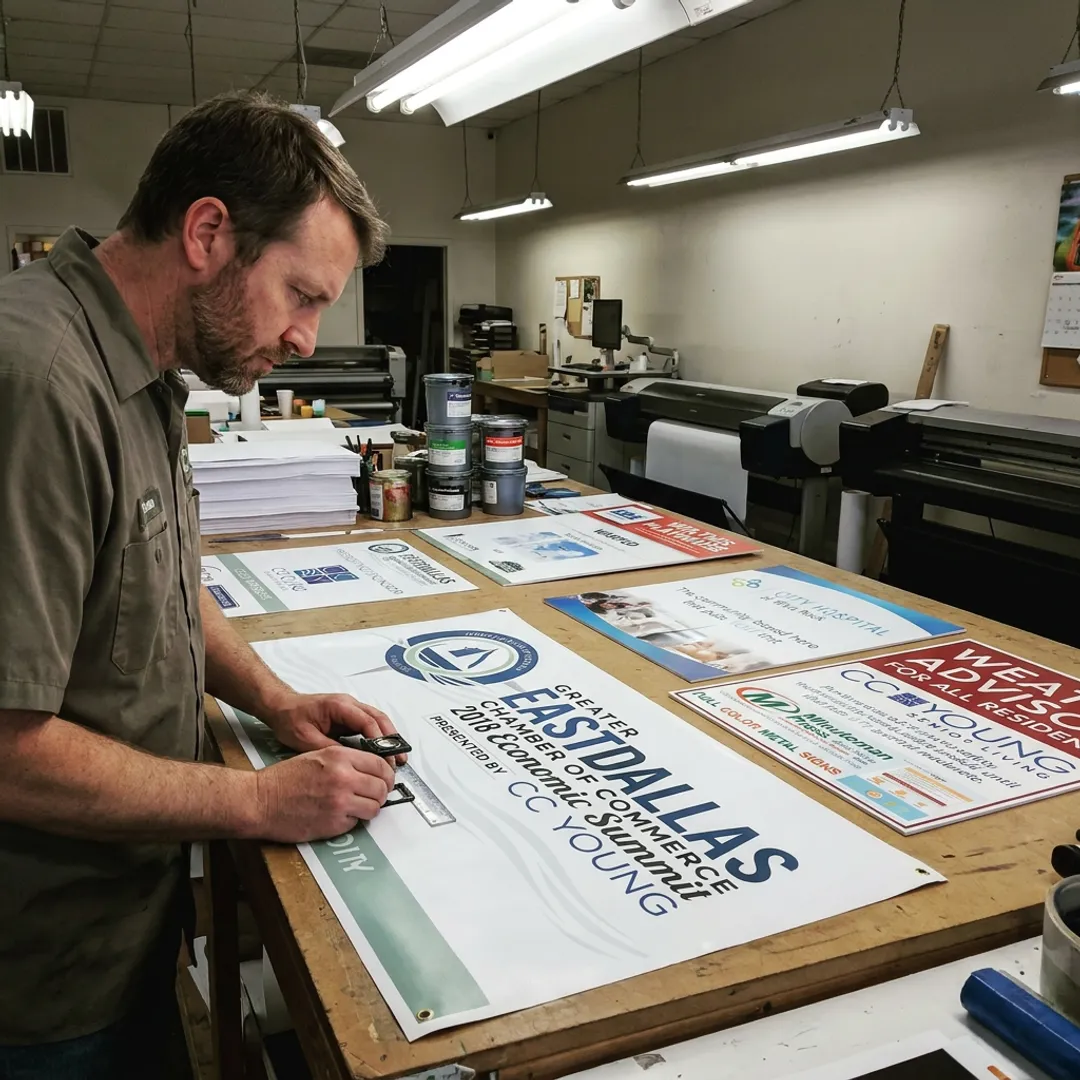 Designer reviewing custom banner proof