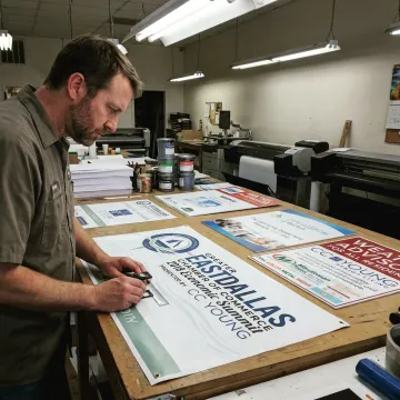 Designer reviewing custom banner proof