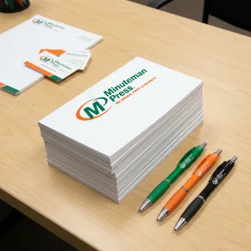 Custom branded 5 x 8 notepads on office desk