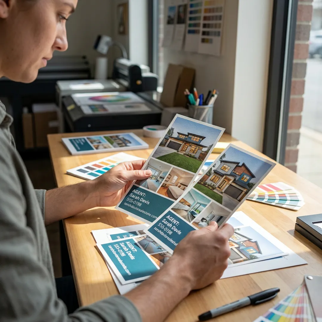 Designer reviewing real estate rack card proofs