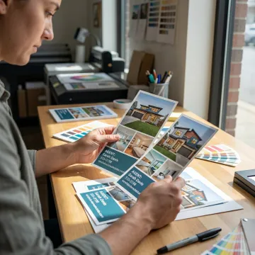Designer reviewing real estate rack card proofs