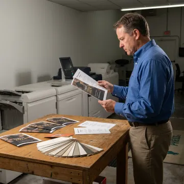 Print specialist reviewing graduation booklet proofs