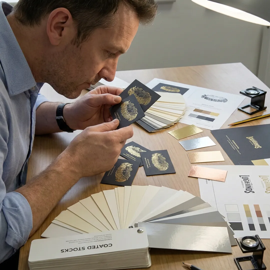 Designer reviewing embossed card samples